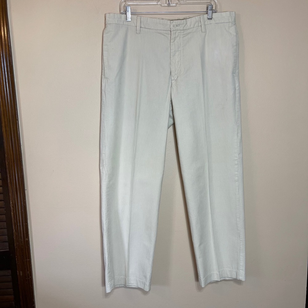 IZOD Mens Seersucker Pants 36x30 Tan Striped Cotton Flat Front Straight Leg